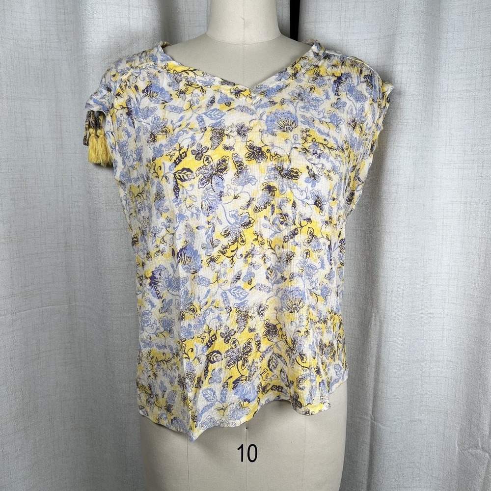 Zac & Rachel Floral Yellow Peasant‎ Blouse Women's Large Tassle Sleeves Boho Top